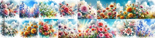 Watercolor spattering flowers with blue sky, drawing. AI generated illustration