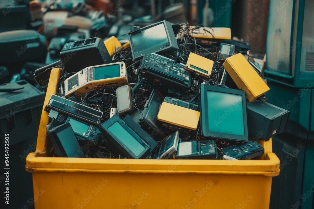 A pile of discarded electronics fills a bright yellow container. Old devices tell stories of lost technology. Emphasizing recycling and e-waste management. Generative AI