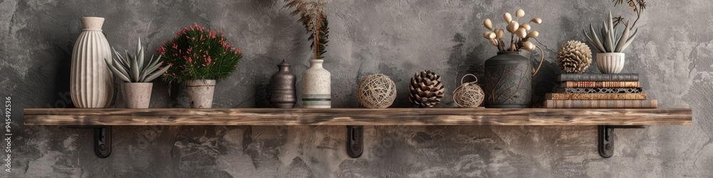 Decorative accents on a wooden shelf