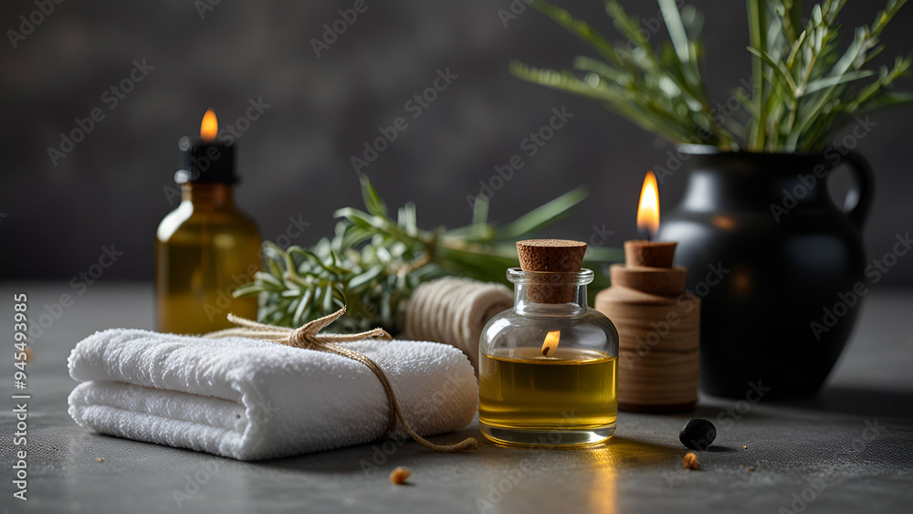 Luxury Spa Atmosphere: Golden Aroma Oil, Lavender, and Calming Candles Luxury Spa Atmosphere: Golden Aroma Oil, Lavender, and Calming Candles