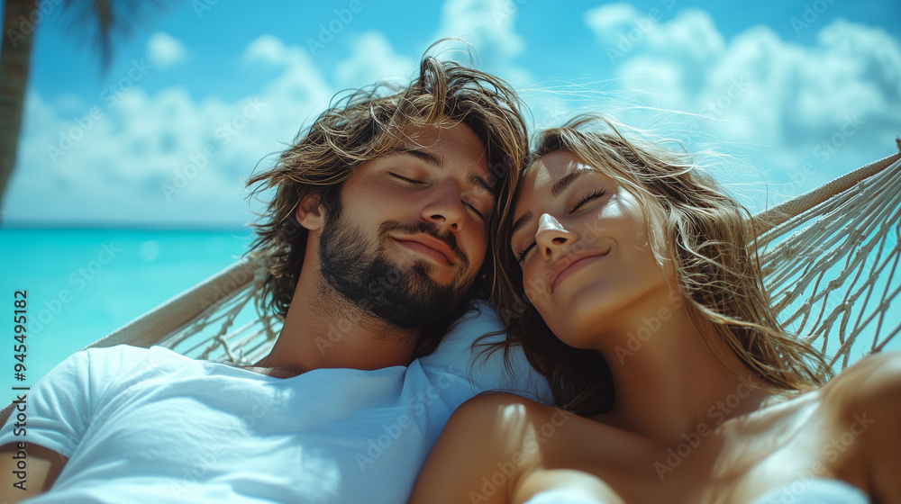Fototapeta premium Young couple relaxing in a hammock on a tropical beach, with a blue sky and ocean in the background. The man, with messy hair, is wearing a white shirt and lying down next to his b