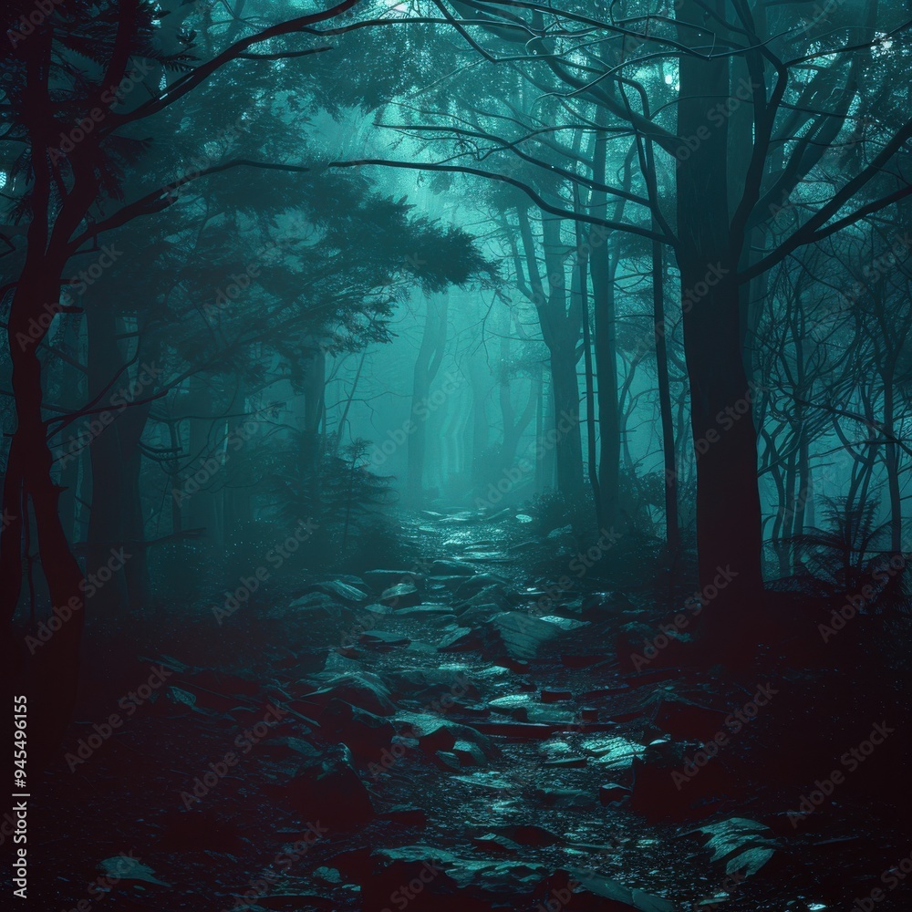 Mysterious dark forest with eerie lighting, fog, and a rocky path. Haunting atmosphere perfect for horror and fantasy themes. Mysterious dark forest with eerie lighting, fog, and a rocky path. Haunting atmosphere perfect for horror and fantasy themes.