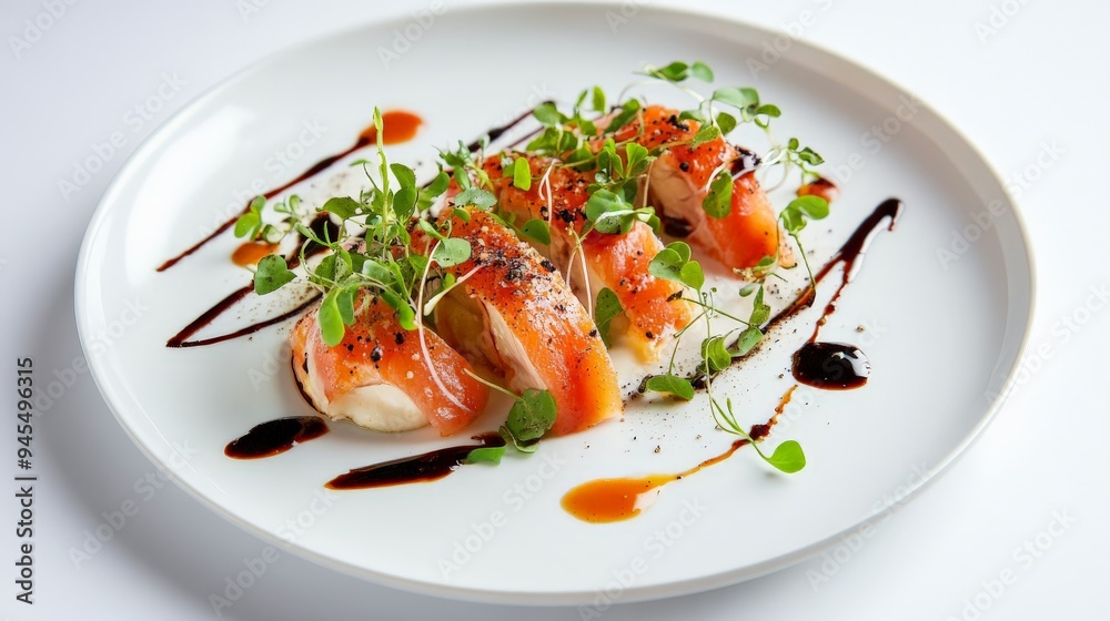 A beautifully plated gourmet dish featuring slices of smoked salmon, garnished with fresh microgreens and drizzles of dark and light sauces for a fine dining experience. A beautifully plated gourmet dish featuring slices of smoked salmon, garnished with fresh microgreens and drizzles of dark and light sauces for a fine dining experience.