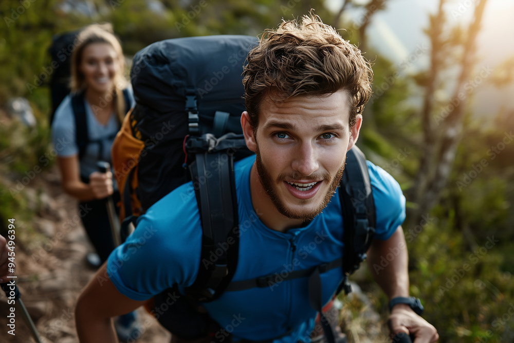 A group of friends hiking up a rugged mountain trail, their eyes focused and determined, surrounded by dense forest with sunlight breaking through the trees A group of friends hiking up a rugged mountain trail, their eyes focused and determined, surrounded by dense forest with sunlight breaking through the trees