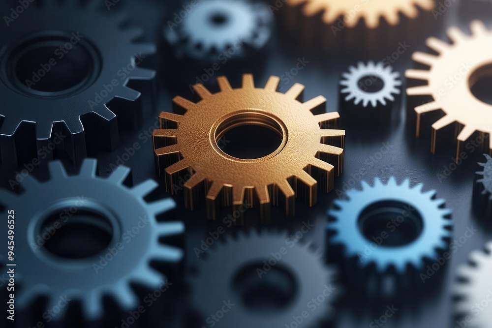 Close-up view of metallic gears in various colors, symbolizing engineering, mechanics, and industrial innovation.