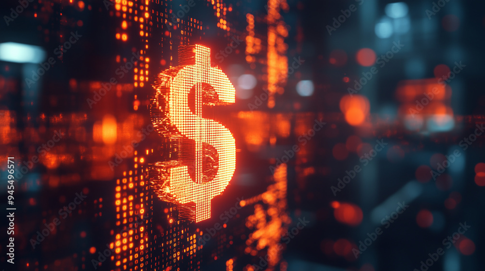 dollar sign, digital data background, cyberpunk style, orange and black colors, detailed textures of glowing binary code and floating money signs, futuristic at dollar sign, digital data background, cyberpunk style, orange and black colors, detailed textures of glowing binary code and floating money signs, futuristic at