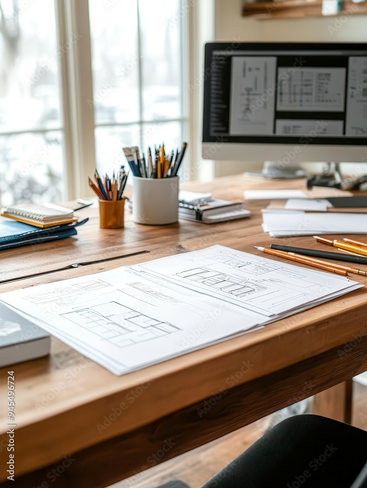 Obraz premium A stylish office workspace with detailed plans on a wooden desk, complemented by a computer and colorful stationery.