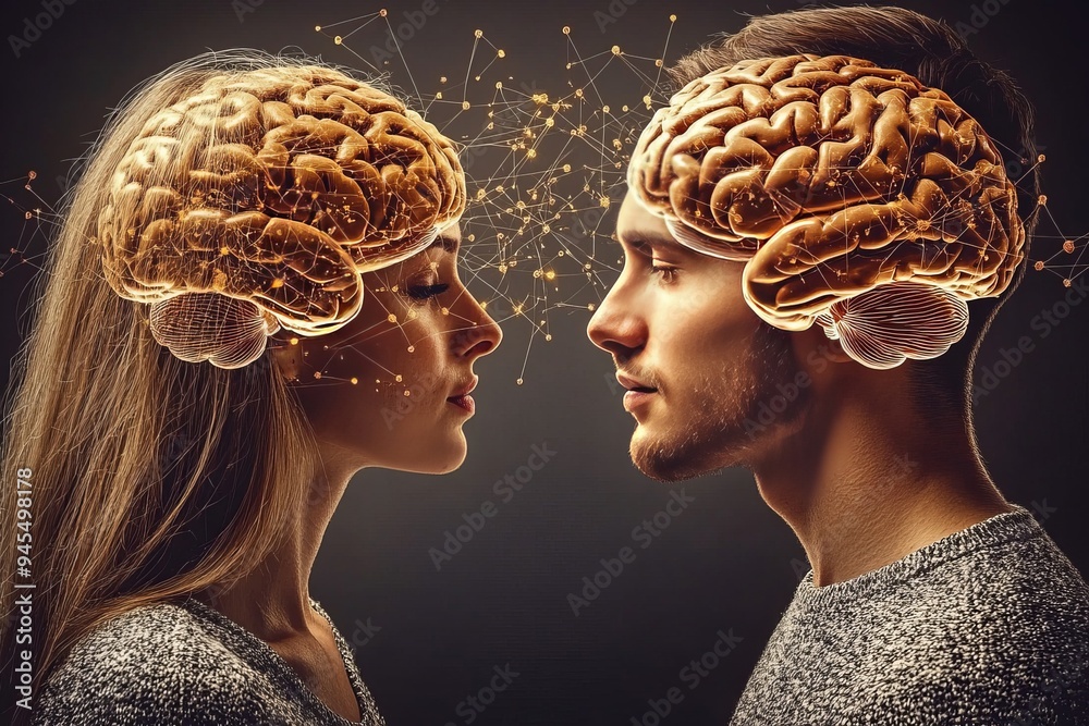 Romantic Couple with Brain Exposed in Warm Lighting Symbolizing Emotional Connection and Shared Cognitive Experiences in Human Relationships Romantic Couple with Brain Exposed in Warm Lighting Symbolizing Emotional Connection and Shared Cognitive Experiences in Human Relationships