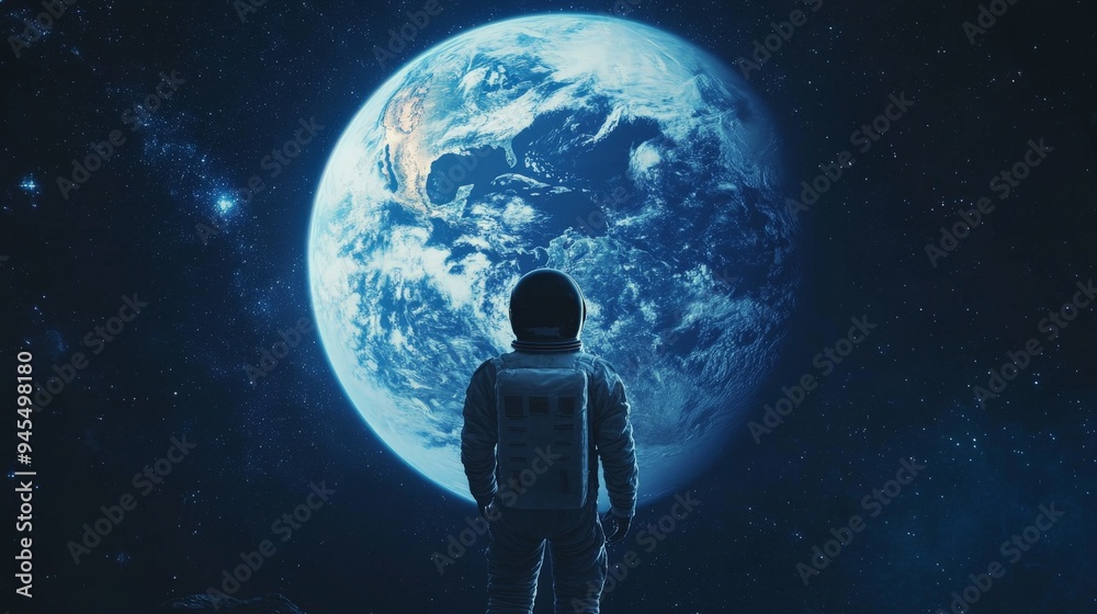 Fototapeta premium A visually striking image of an astronaut admiring the Earth from a lunar-esque distance, symbolizing the incredible feats of space travel and human curiosity.