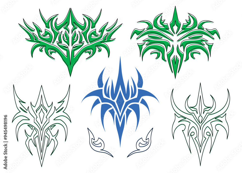 custom made wallpaper toronto digitalVector set of abstract ethnic Maori or Polynesian neo tribal trendy y2k ornament shapes. Gothic futuristic graphic tattoo elements collection