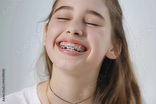 Young girl making the biggest smile with braces, vertical. Cute young girl laughing hard with her eyes closed and a big toothy smile with braces. White background. She have a white t-shirt and long me
