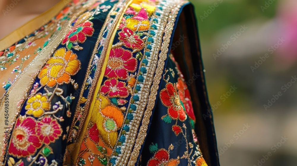 Close-up of a hand-embroidered Indian blouse, showcasing the vibrant colors and detailed patterns, no people. Close-up of a hand-embroidered Indian blouse, showcasing the vibrant colors and detailed patterns, no people.