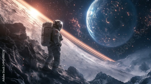 A lone astronaut stands on a rugged extraterrestrial surface, looking out at a distant ringed planet, symbolizing human curiosity and the endless possibilities in the universe.