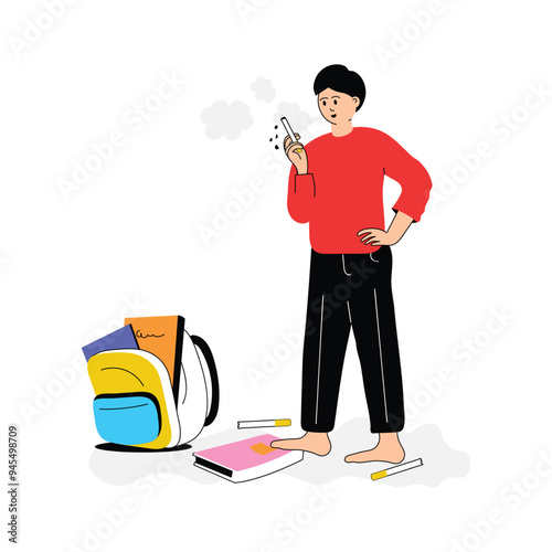 Student smoking during study, with scattered school supplies