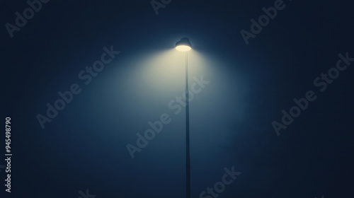 Lonely street light casting a faint glow through thick fog, enhancing the eerie, melancholic mood of the night.