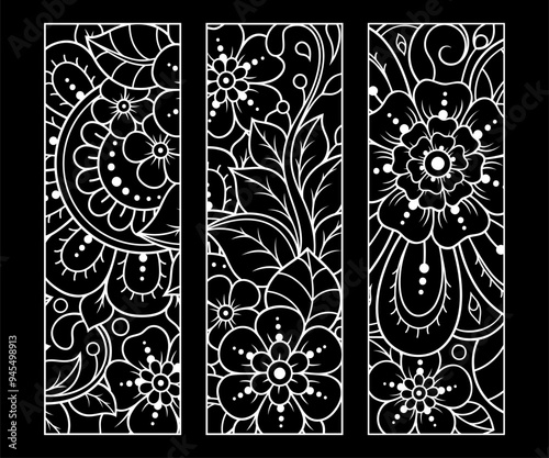 Printable bookmark for book - coloring. Set of black and white labels with flower patterns, hand draw in mehndi style. Sketch of ornaments for creativity of children and adults with colored pencils.