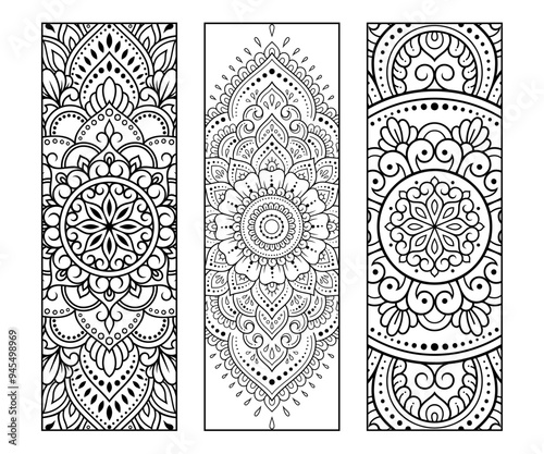 Printable bookmark for book - coloring. Set of black and white labels with flower patterns, hand draw in mehndi style. Sketch of ornaments for creativity of children and adults with colored pencils.