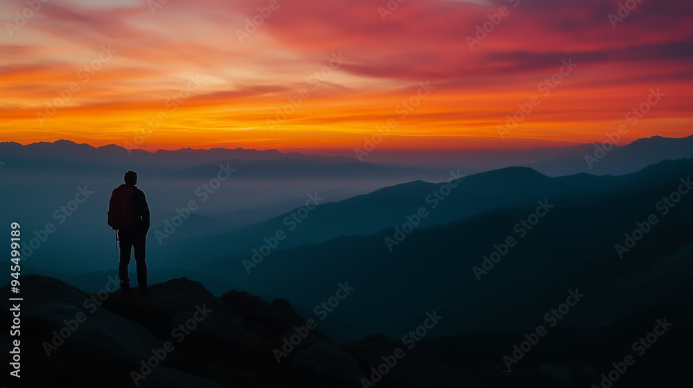 Sunrise with vibrant orange and pink hues spreading across a range of rugged mountains. In the foreground, a silhouette of a hiker or camper Sunrise with vibrant orange and pink hues spreading across a range of rugged mountains. In the foreground, a silhouette of a hiker or camper