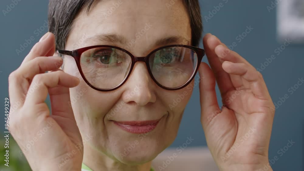 Closeup slowmo portrait of mid-adult Caucasian female psychologist smiling kindly while taking off glasses, posing for camera at her workplace in contemporary office Closeup slowmo portrait of mid-adult Caucasian female psychologist smiling kindly while taking off glasses, posing for camera at her workplace in contemporary office