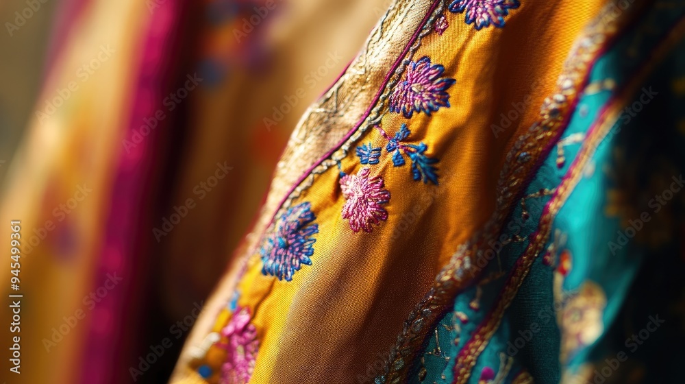 Close-up of an embroidered Indian kurta, showcasing detailed stitching and patterns, no people. Close-up of an embroidered Indian kurta, showcasing detailed stitching and patterns, no people.