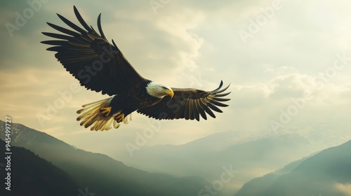 A stunning and majestic image of a bald eagle soaring gracefully over a serene, mountainous landscape, embodying freedom and the beauty of nature.