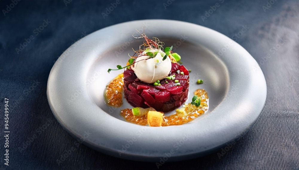 Beetroot tartare with goat cheese espuma and apple caviar Beetroot tartare with goat cheese espuma and apple caviar