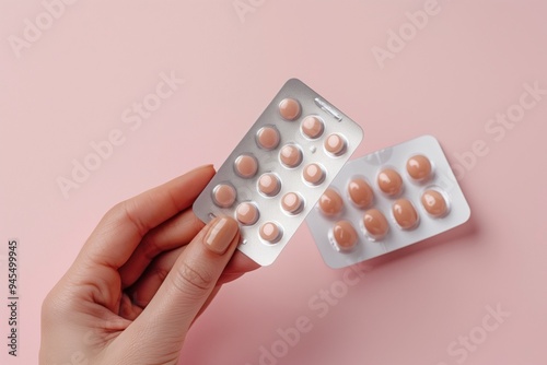 Woman holding blister pack of pills on pink background. Birth control pills. 