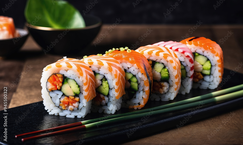 A plate of fresh salmon sushi rolls with cucumber and avocado sits on a dark wooden table with chopsticks A plate of fresh salmon sushi rolls with cucumber and avocado sits on a dark wooden table with chopsticks