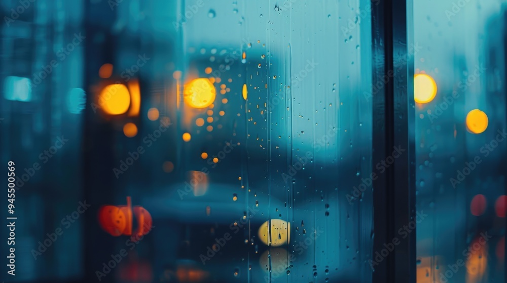 A rainy day cityscape viewed from indoors through a wet window A rainy day cityscape viewed from indoors through a wet window