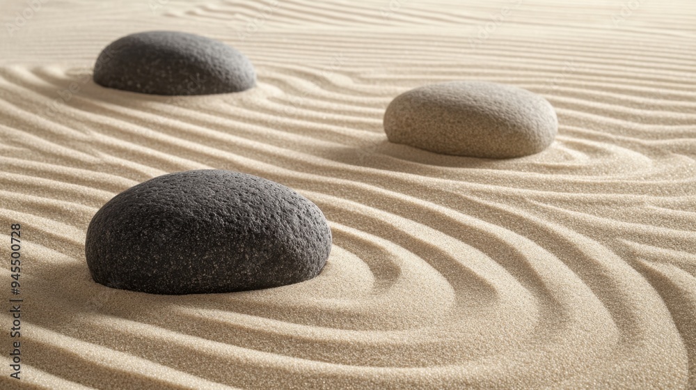 Fototapeta premium Minimalist zen garden scene featuring raked sand patterns and smooth stones, creating a calm, meditative atmosphere.