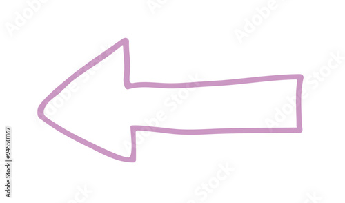 Arrow icon pointing left, simple doodle style. Direction, navigation sign, outlined scribble kids drawing. Pointer, guiding element. Childish flat vector illustration isolated on white background