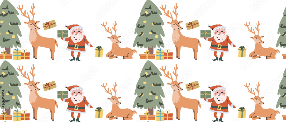 Fototapeta premium Happy Holidays seamless pattern with reindeer. Cute childrens animal background for winter holiday. Deer with fir tree traditional xmas pattern with cartoon hand drawn character.