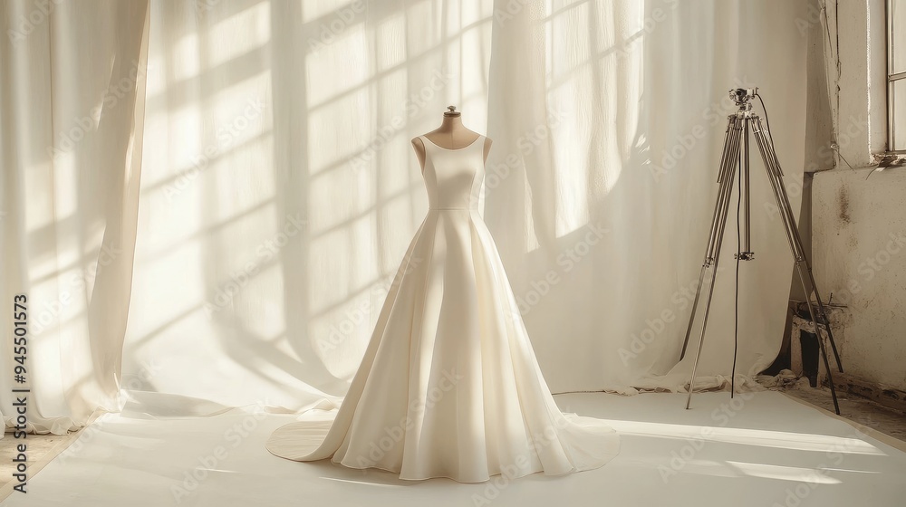 Elegant minimalist bridal dress, presented in a clean, minimalist setting, highlighting the dress's graceful silhouette, with a simple backdrop, no people. Elegant minimalist bridal dress, presented in a clean, minimalist setting, highlighting the dress's graceful silhouette, with a simple backdrop, no people.