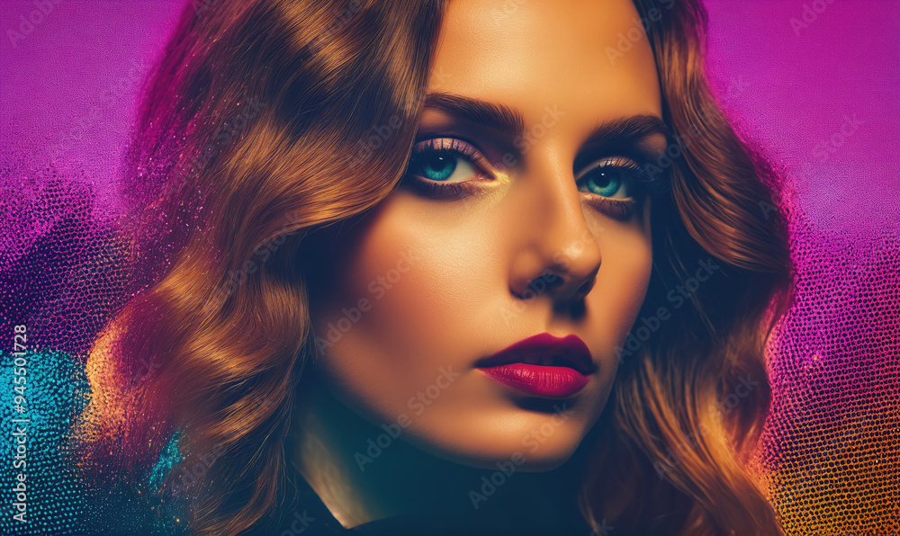 A woman with long brown hair and blue eyes stares intensely at the camera, a splash of pink and blue behind her