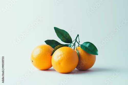 Three vibrant oranges with green leaves on a light background.