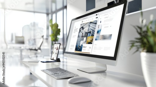 Modern computer display on an office desk with a web design studio concept page. Web design company presentation