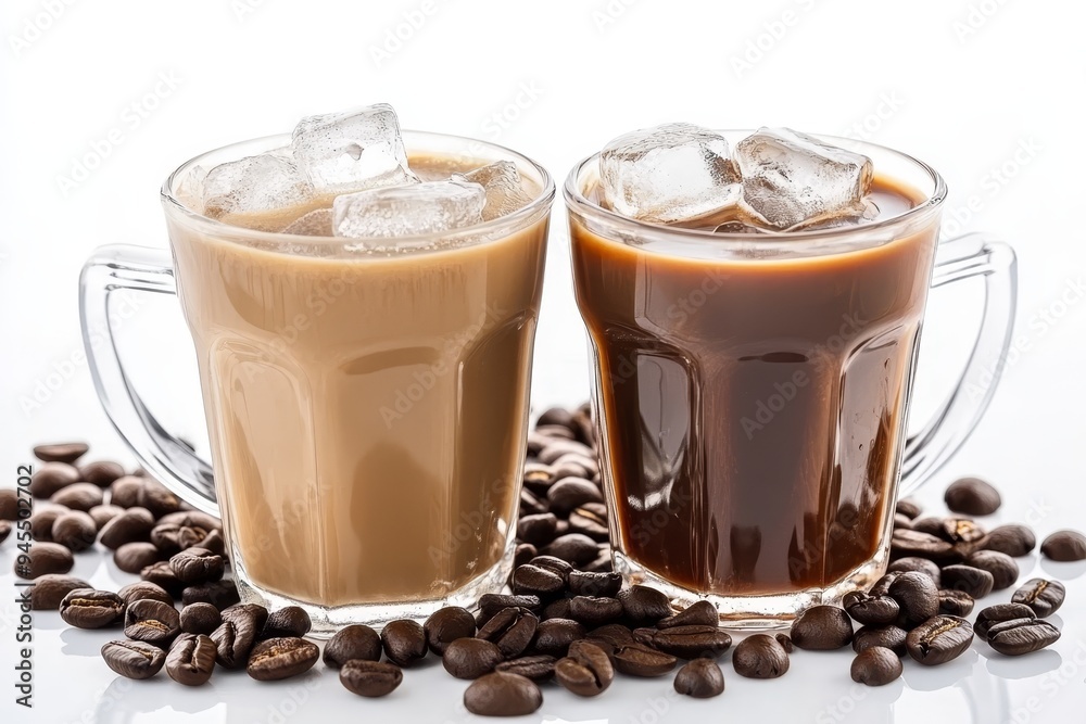 Two Refreshing Iced Coffee Drinks, One Traditional and One Milk-Based, on White with Coffee Beans.