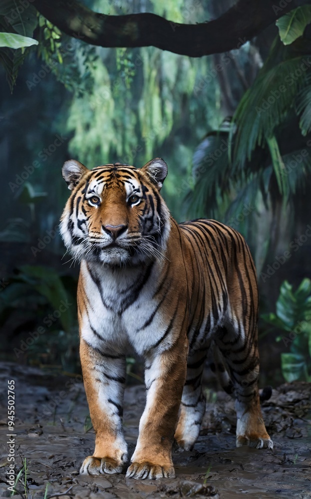 Obraz premium A photo captures a tiger in the jungle, standing on muddy ground with its head raised and eyes intently focused. The tiger's expression is both majestic and intense.