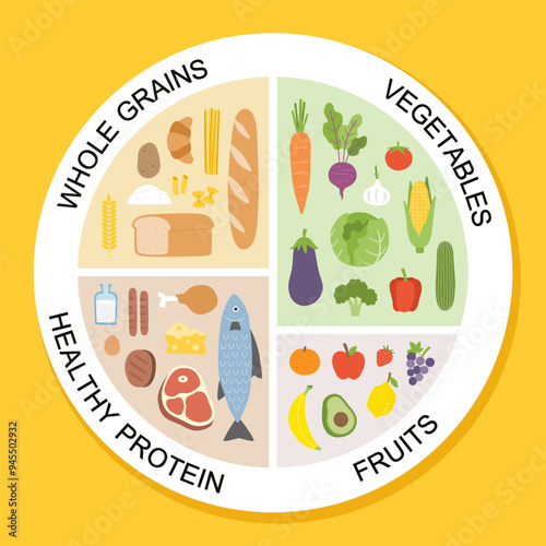 Healthy eating tips. Infographic chart of food balance with proper nutrition proportions. Plan your meal. Healthy balanced food and dieting concept.