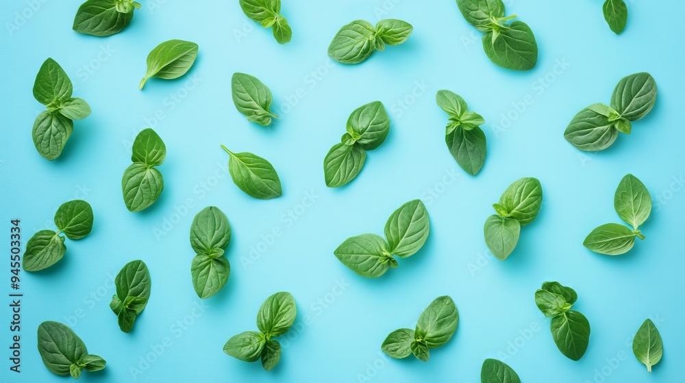 Fresh green herbs arranged on a vibrant blue background for culinary use Fresh green herbs arranged on a vibrant blue background for culinary use
