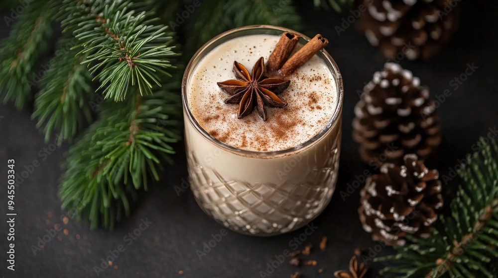Holiday Eggnog with Cinnamon Sticks and Star Anise, Surrounded by Pine Branches and Pinecones Holiday Eggnog with Cinnamon Sticks and Star Anise, Surrounded by Pine Branches and Pinecones