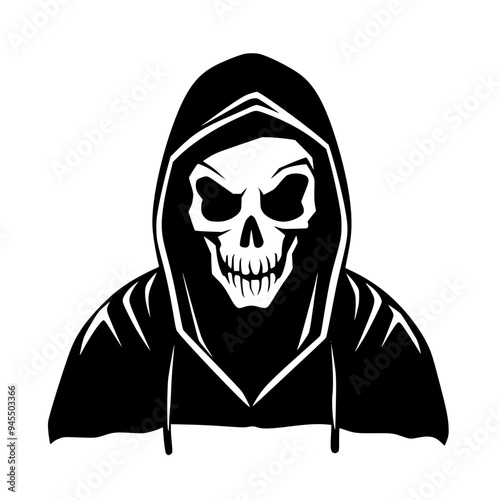 Grim Reaper Hooded Skull Silhouette, Black and white silhouette of a hooded grim reaper with a menacing skull face, perfect for Halloween or horror themes.
