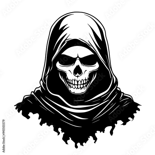 Grim Reaper Hooded Skull Silhouette, Black and white silhouette of a hooded grim reaper with a menacing skull face, perfect for Halloween or horror themes.
