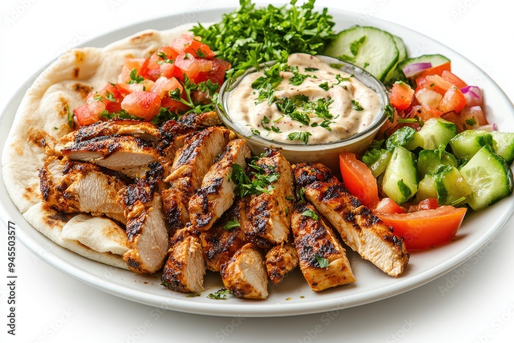 A plate of grilled chicken with fresh vegetables and sauce, served with flatbread. A plate of grilled chicken with fresh vegetables and sauce, served with flatbread.