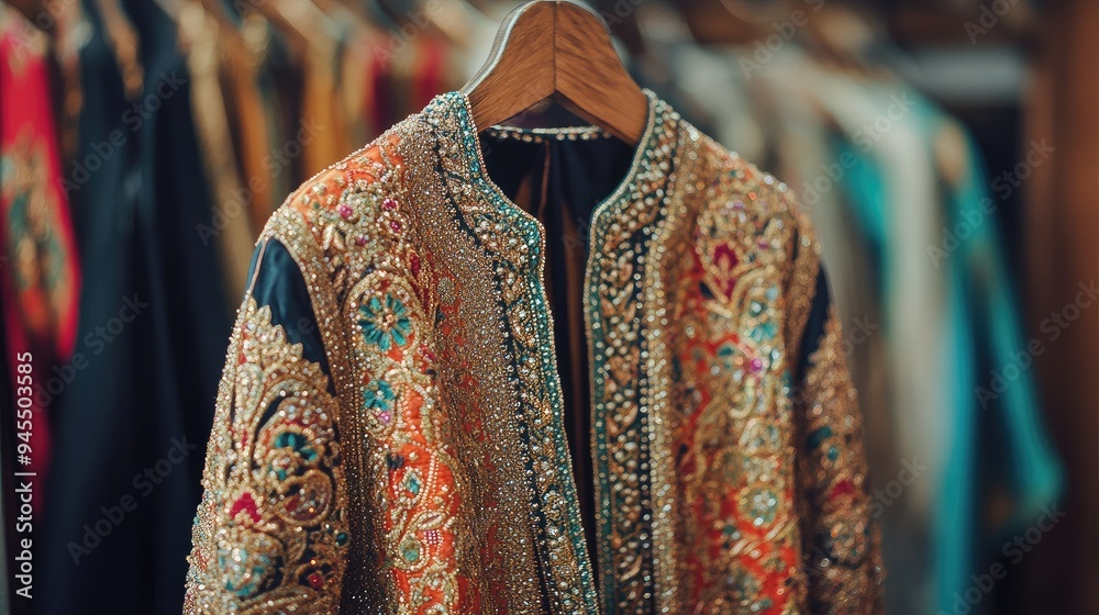 Handcrafted Indian kurta with elaborate beadwork, hanging on a stylish hanger, no people. Handcrafted Indian kurta with elaborate beadwork, hanging on a stylish hanger, no people.