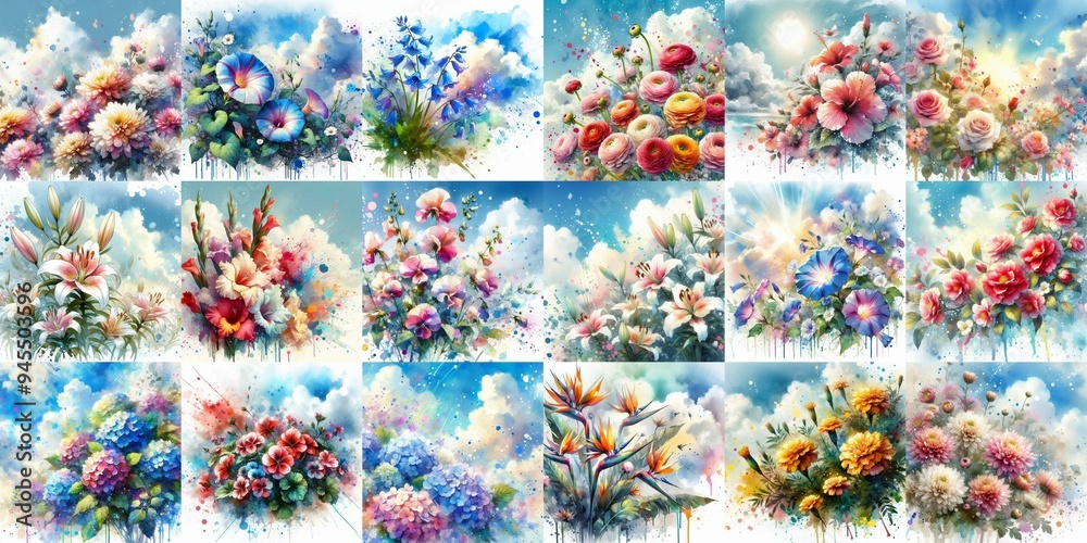 Watercolor spattering flowers with blue sky, drawing. AI generated illustration Watercolor spattering flowers with blue sky, drawing. AI generated illustration