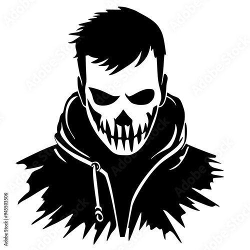 Grim Reaper Hooded Skull Silhouette, Black and white silhouette of a hooded grim reaper with a menacing skull face, perfect for Halloween or horror themes.
