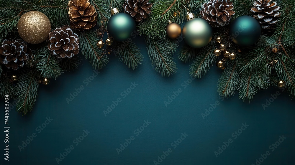 minimalist christmas tree design using metallic ornaments and pine branches on deep teal background negative space elegant holiday concept