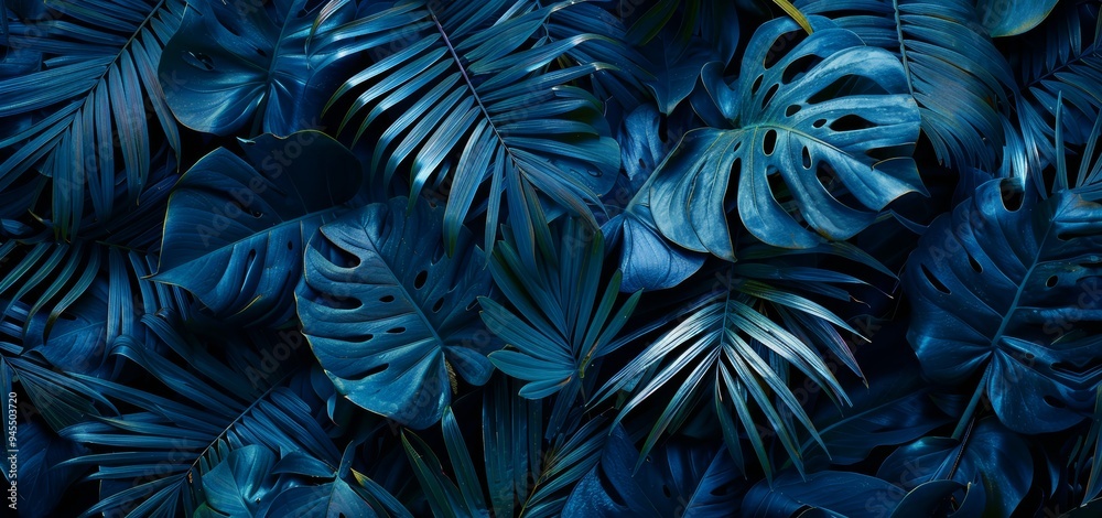 Deep blue tropical leaves in a moody, dramatic arrangement, featuring monstera and palm leaves in a rich, dark color palette, evoking a sense of mystery and exotic beauty Deep blue tropical leaves in a moody, dramatic arrangement, featuring monstera and palm leaves in a rich, dark color palette, evoking a sense of mystery and exotic beauty