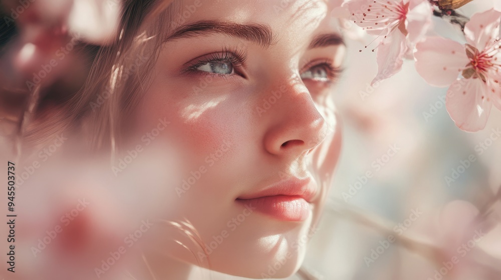 Portrait of a woman with pink blossoms, radiating a dreamy, peaceful vibe in a gentle, natural setting.
